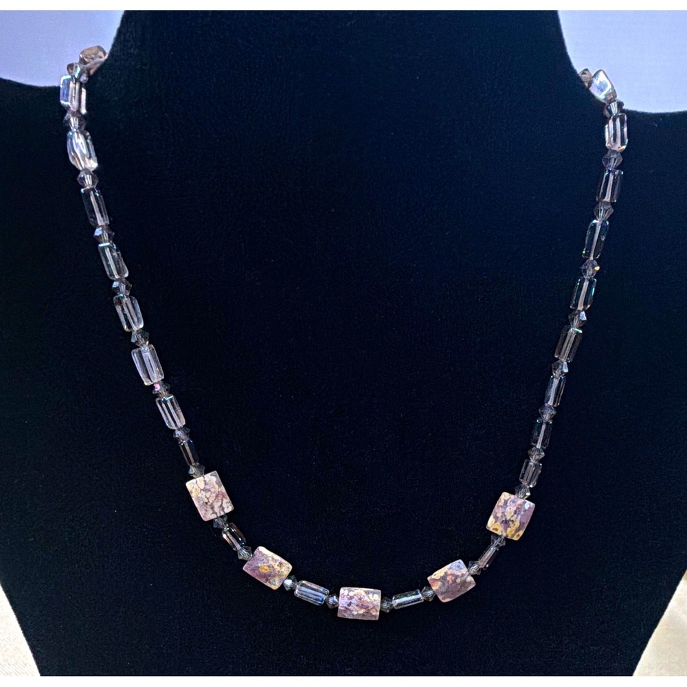 Natural Smoky Quartz Beaded Necklace Gray Square Stones Silver Toggle Clasp
